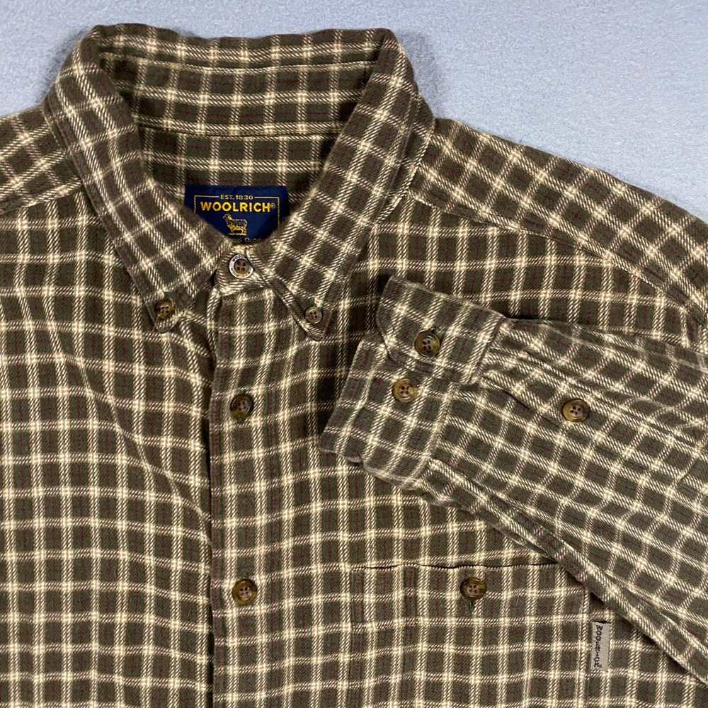 Woolrich Flannel Shirt Mens Large Brown Green Plaid Cotton Button Down LS